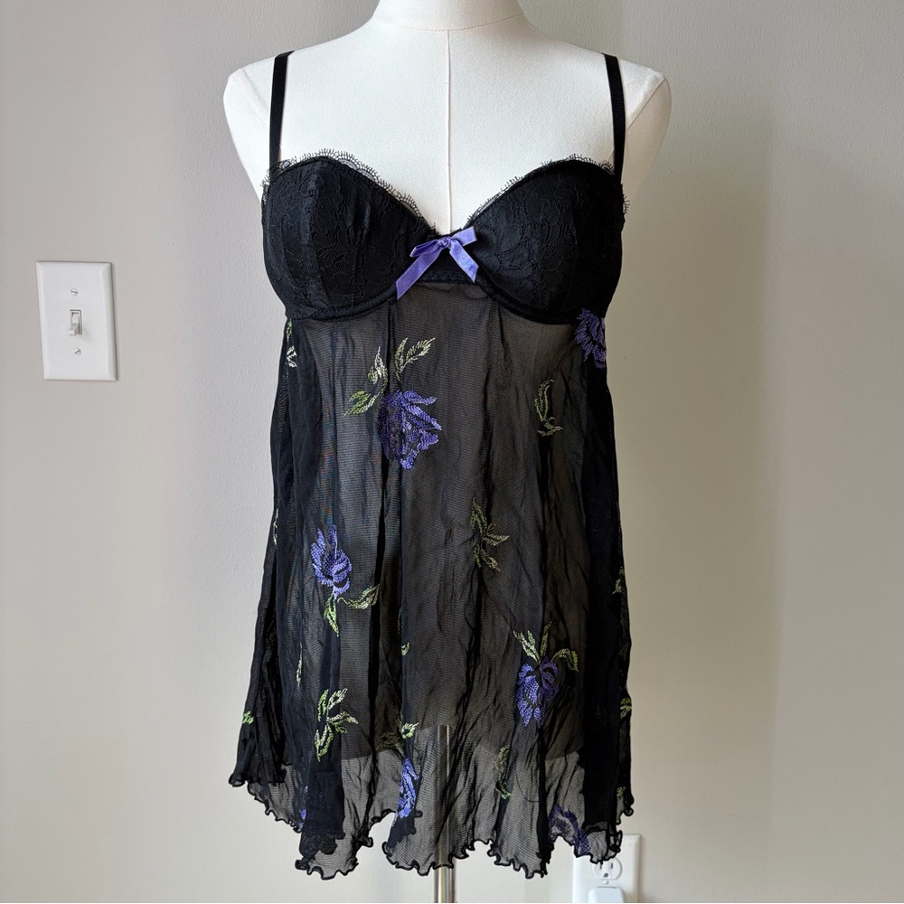 Victoria’s Secret 36B Black Floral Embroidered Mesh Baby Doll Top Dark Feminine